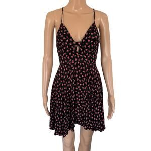Y2K Ditsy Floral Mini Dress Spaghetti Strap Open Back Fit Flare Cottagecore Blck